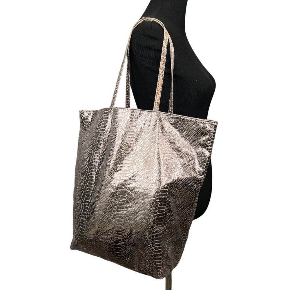Coty Tote Bag Reptile Embossed Pewter Gold Tone Metallic Large Double Handle